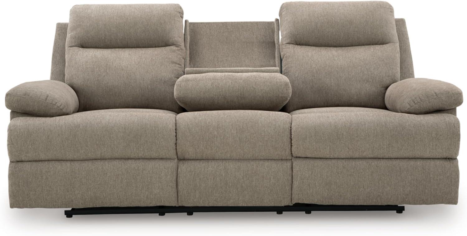 imageSignature Design by Ashley Yarrow Lane Classic Chenille Manual Pull Tab Reclining Sofa with Drop Down Table and USB Charging Light BrownMocha