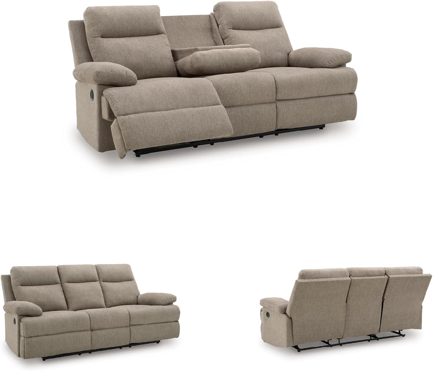 imageSignature Design by Ashley Yarrow Lane Classic Chenille Manual Pull Tab Reclining Sofa with Drop Down Table and USB Charging Light BrownMocha