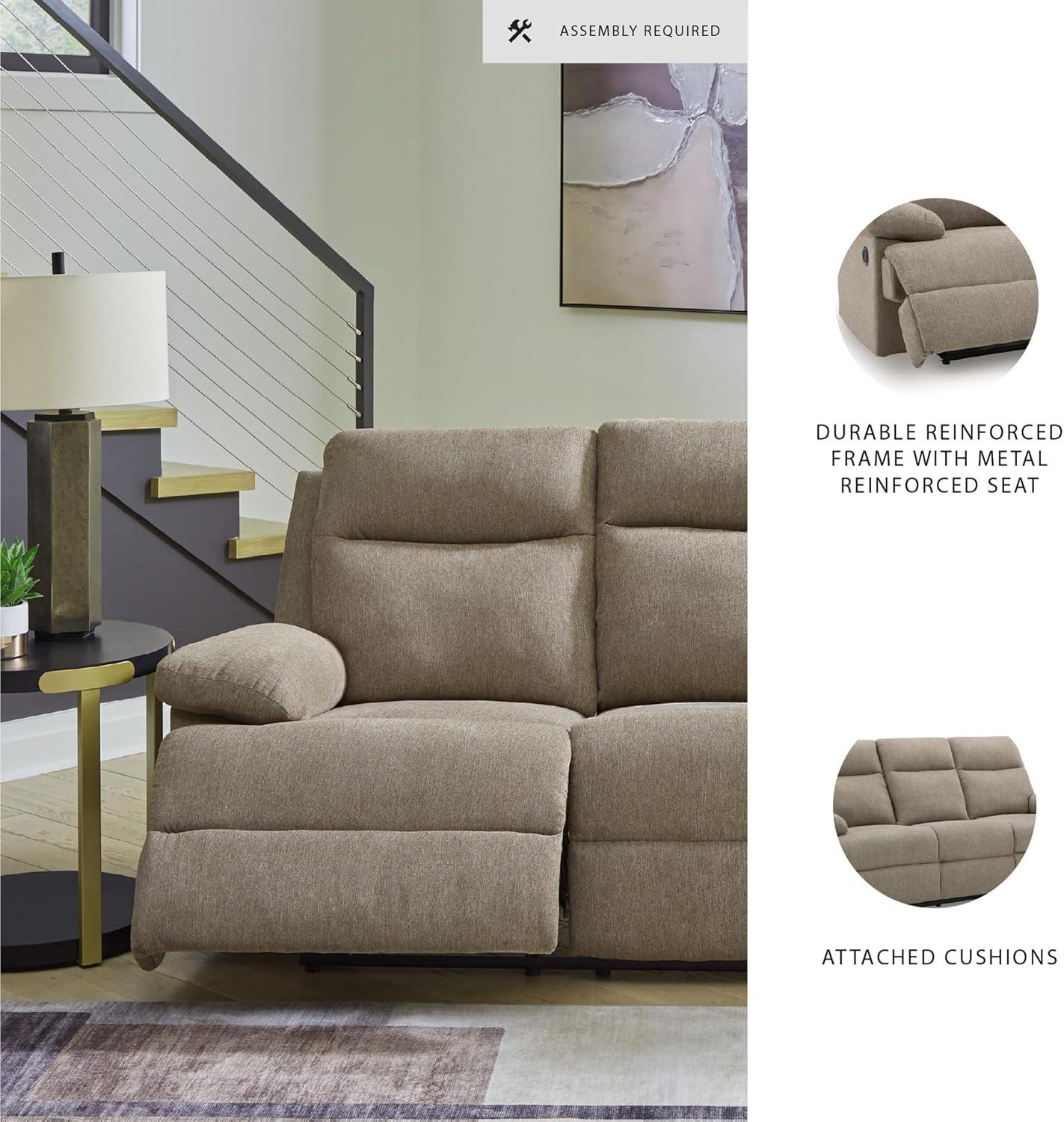 imageSignature Design by Ashley Yarrow Lane Classic Chenille Manual Pull Tab Reclining Sofa with Drop Down Table and USB Charging Light BrownMocha