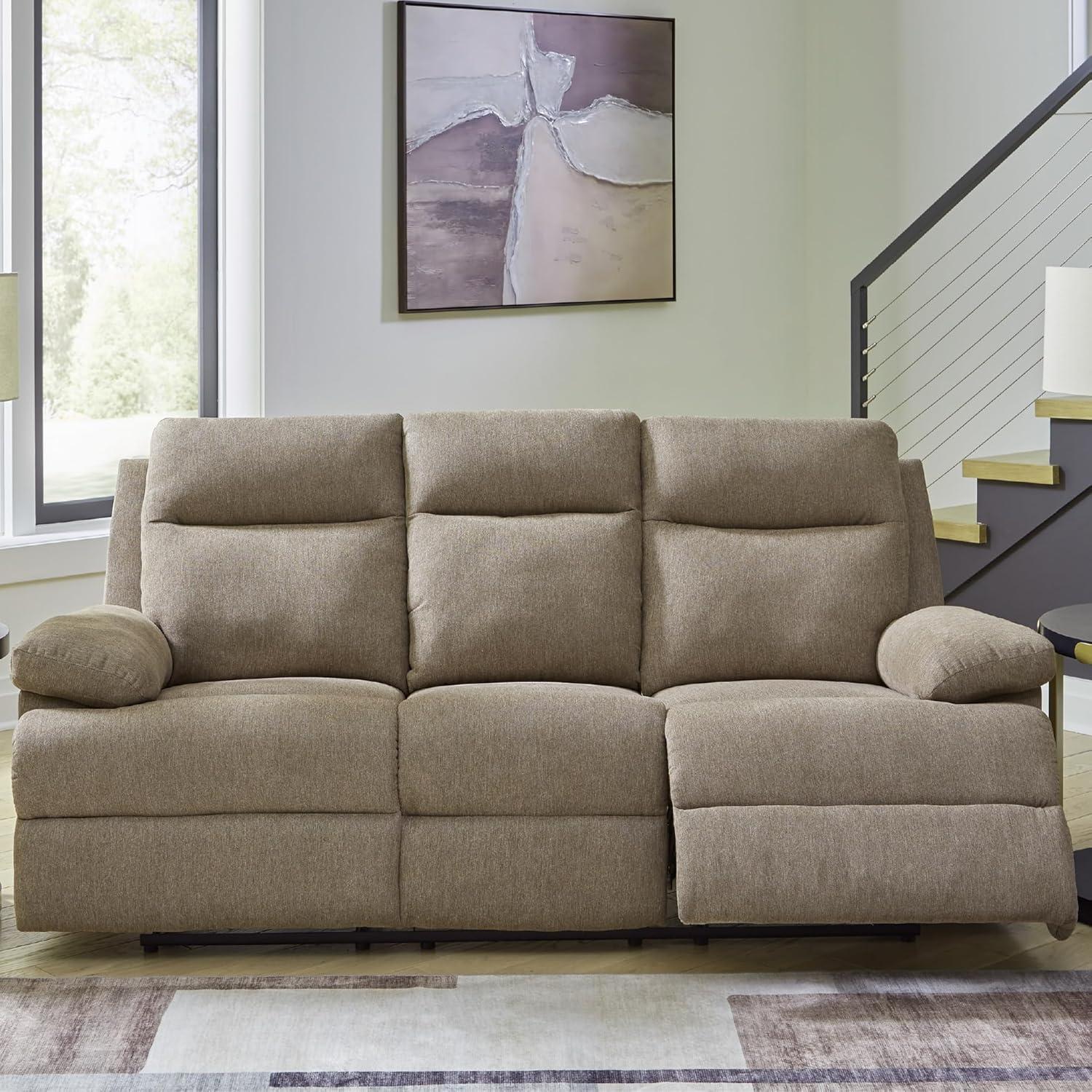 imageSignature Design by Ashley Yarrow Lane Classic Chenille Manual Pull Tab Reclining Sofa with Drop Down Table and USB Charging Light BrownMocha
