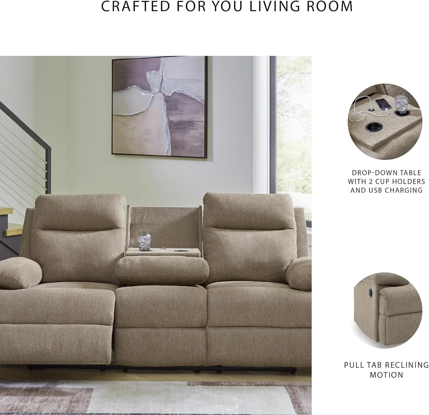 imageSignature Design by Ashley Yarrow Lane Classic Chenille Manual Pull Tab Reclining Sofa with Drop Down Table and USB Charging Light BrownMocha