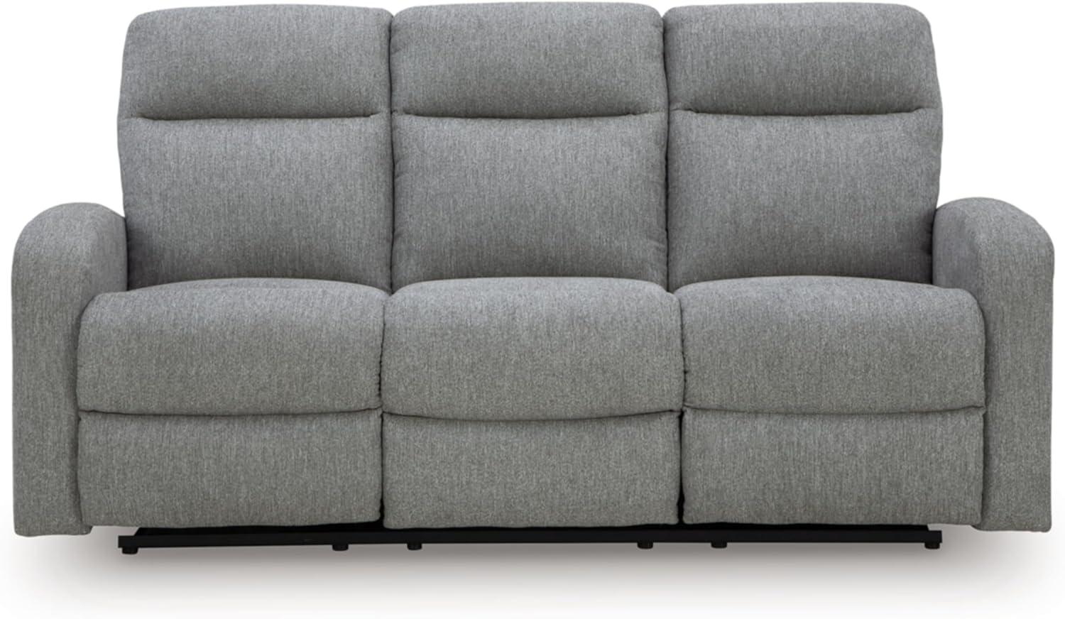 imageSignature Design by Ashley Yarrow Lane Classic Chenille Manual Pull Tab Reclining Sofa with Drop Down Table and USB Charging Light BrownSterling