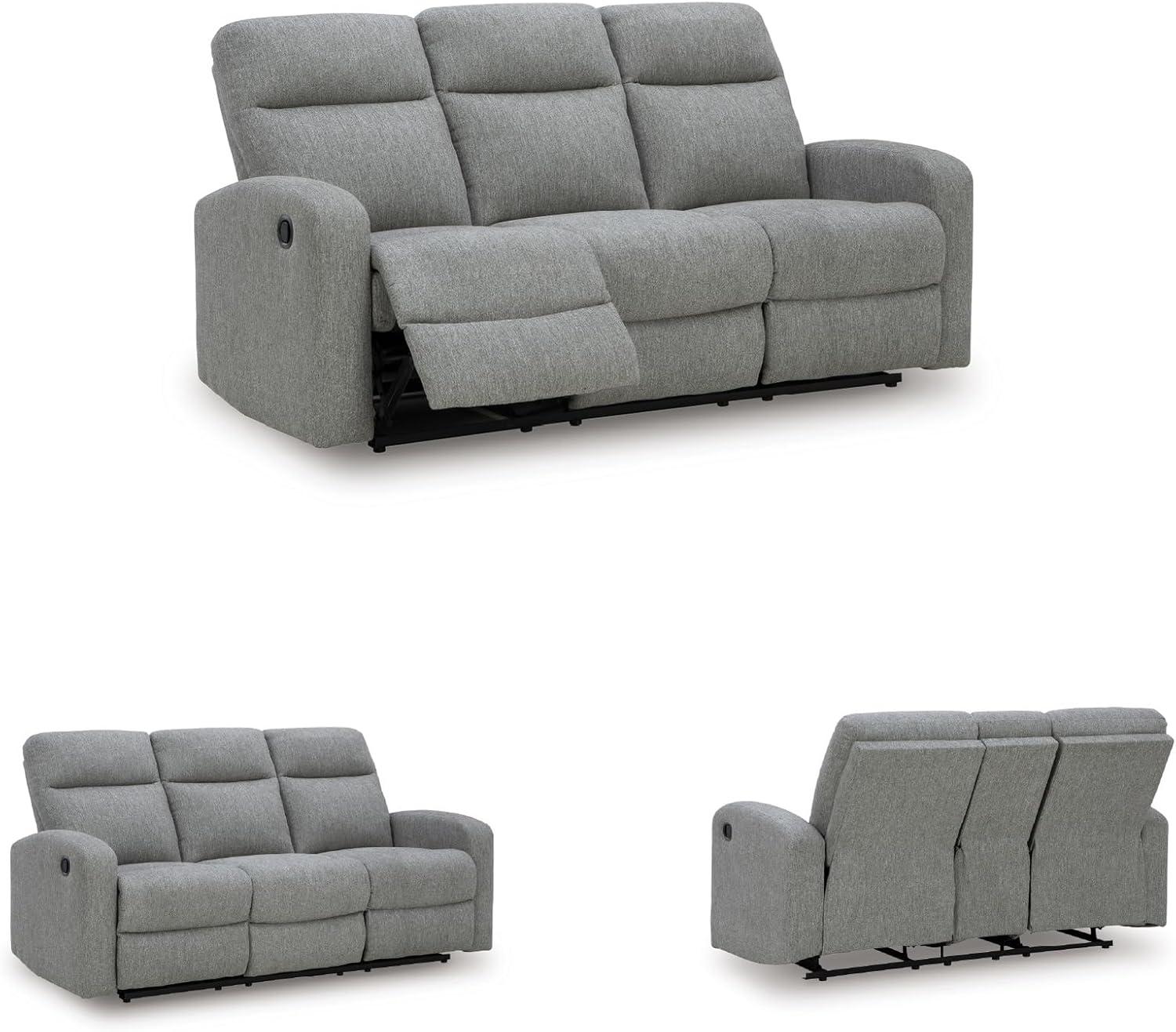 imageSignature Design by Ashley Yarrow Lane Classic Chenille Manual Pull Tab Reclining Sofa with Drop Down Table and USB Charging Light BrownSterling