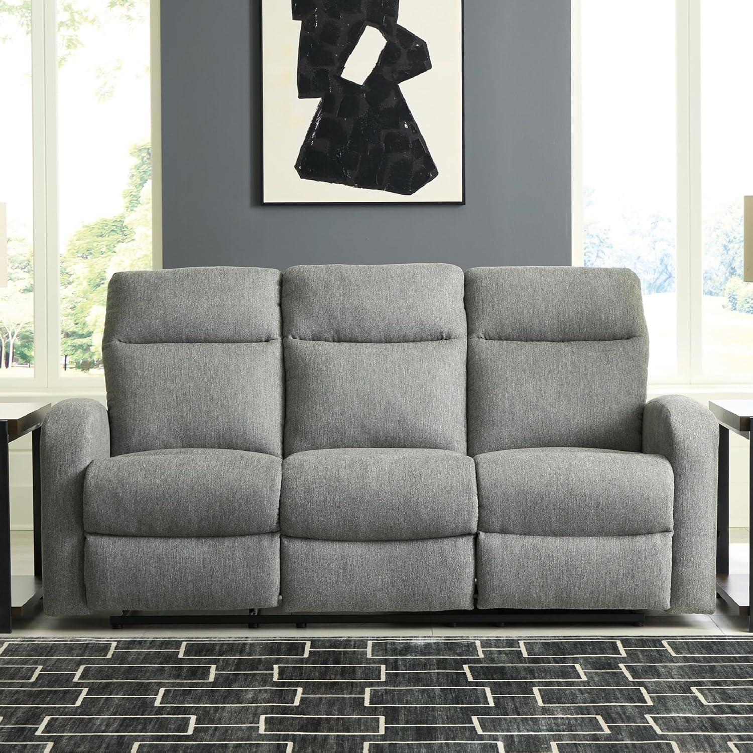 imageSignature Design by Ashley Yarrow Lane Classic Chenille Manual Pull Tab Reclining Sofa with Drop Down Table and USB Charging Light BrownSterling