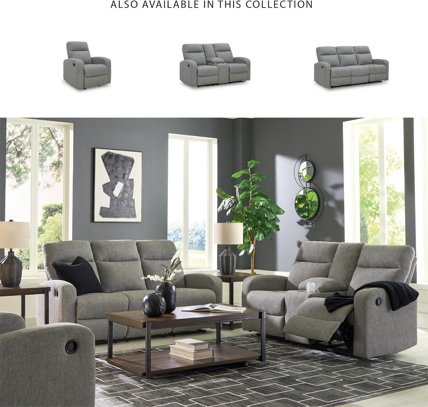 imageSignature Design by Ashley Yarrow Lane Classic Chenille Manual Pull Tab Reclining Sofa with Drop Down Table and USB Charging Light BrownSterling