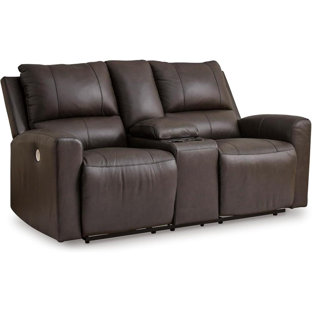 imageSignature Design by Ashley Boxmere Modern Leather Match Power Reclining Sofa with USB Ports Dark BrownPower Reclining Loveseat with Console