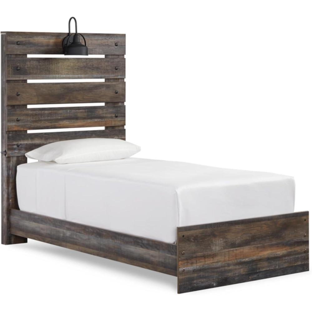imageSignature Design by Ashley Drystan Rustic Queen Panel Bed Sconce LED Lights USB Ports and Nailheads Foundation or Box Spring Needed Dark Brown ampamp GrayTwin