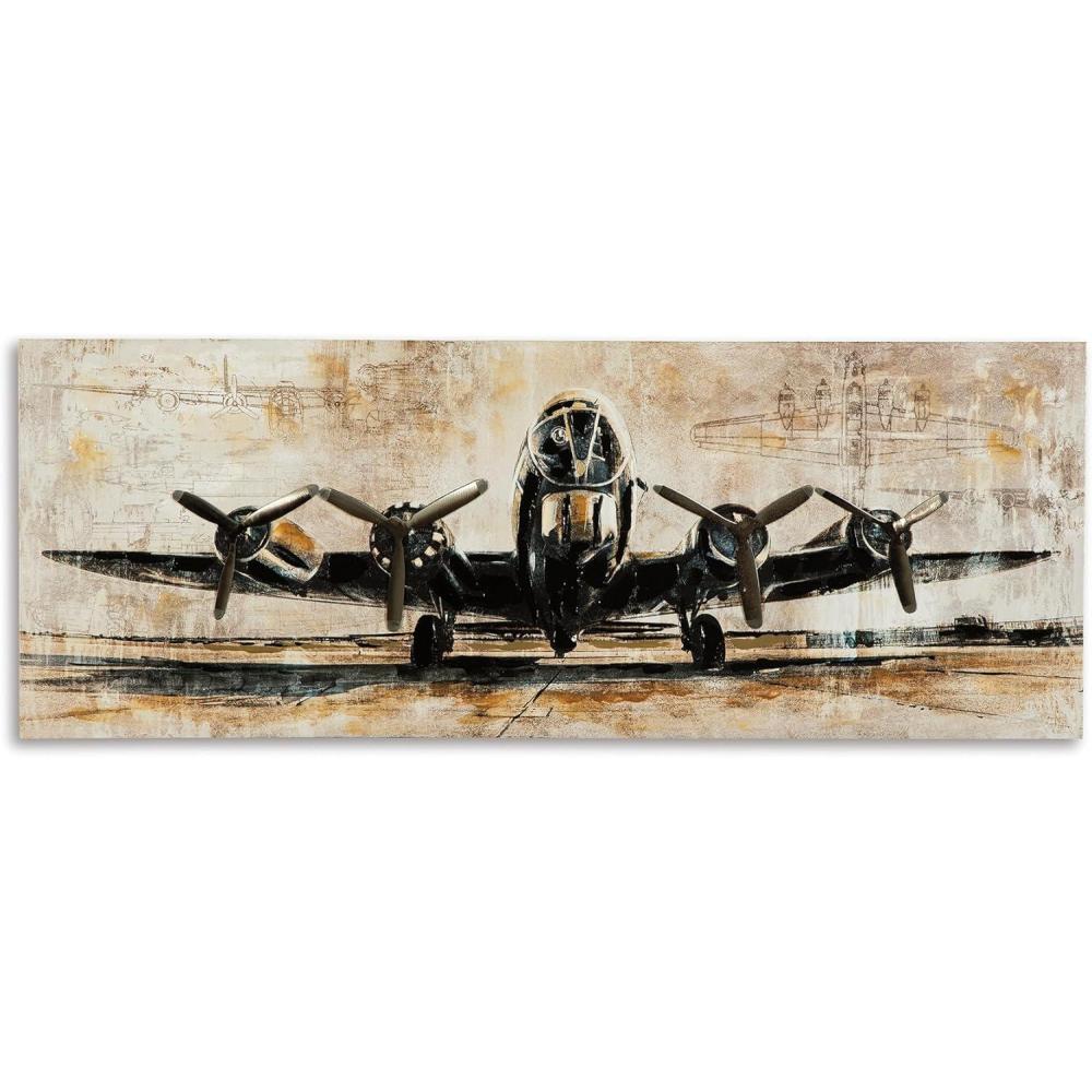 imageSignature Design by Ashley Kalene Vintage Hand Painted Airplane Canvas Wall Art 48 x 18 Brown and Black