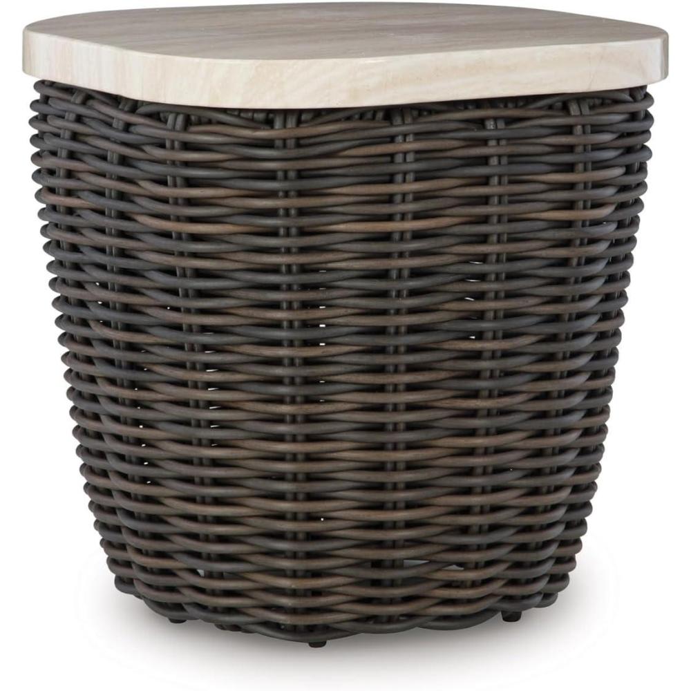 imageSignature Design by Ashley Kimora Cottage Faux Marble Pattern Tabletop Outdoor End Table with Pedestal Base Dark Brown ampamp Beige