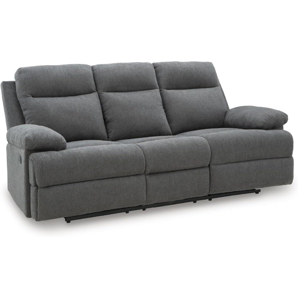 imageSignature Design by Ashley Yarrow Lane Classic Chenille Manual Pull Tab Reclining Sofa with Drop Down Table and USB Charging Light BrownCharcoal