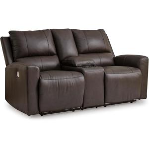 Signature Design by Ashley Boxmere Modern Leather Match Power Reclining Sofa with USB Ports, Dark Brown(Power Reclining Loveseat with Console)