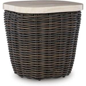 Signature Design by Ashley Kimora Cottage Faux Marble Pattern Tabletop Outdoor End Table with Pedestal Base, Dark Brown & Beige