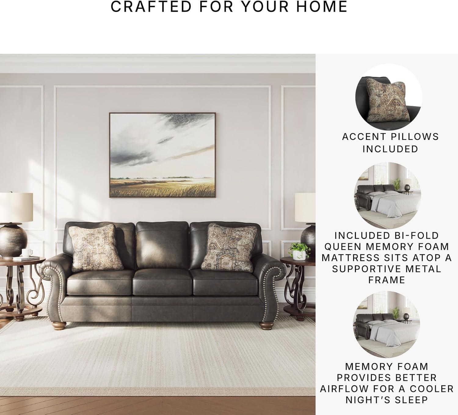 imageSignature Design by Ashley Chatterton Rustic Faux Leather Queen Sofa Sleeper with BiFold Memory Foam Mattress Nailhead Trim and 2 Throw Pillows Queen BlackGrey