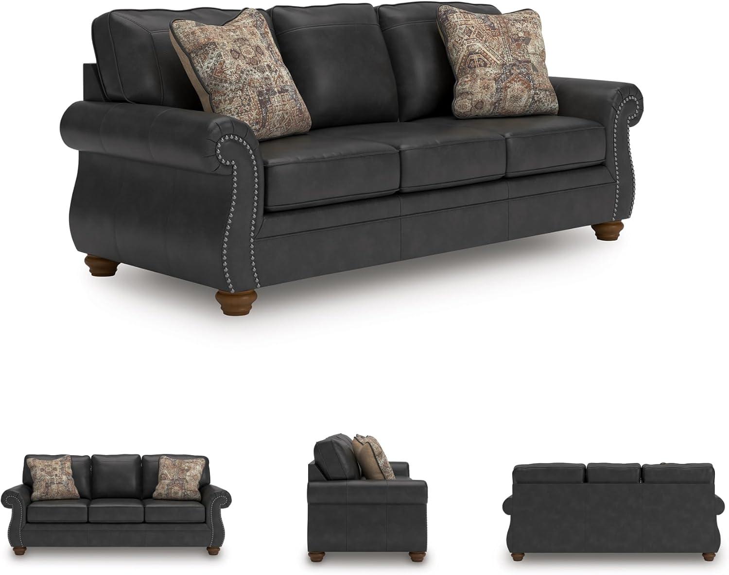 imageSignature Design by Ashley Chatterton Rustic Faux Leather Queen Sofa Sleeper with BiFold Memory Foam Mattress Nailhead Trim and 2 Throw Pillows Queen BlackGrey