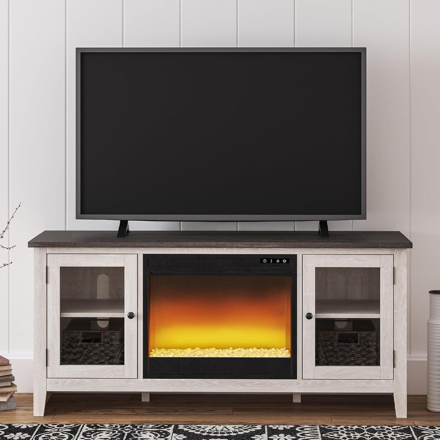 imageSignature Design by Ashley Dorrinson Modern Farmhouse 60quot TV Stand with Electric Fireplace for TVs up to 69quot White ampamp GrayWhitewash