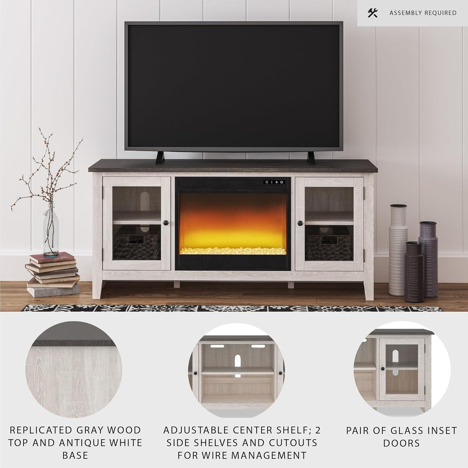 imageSignature Design by Ashley Dorrinson Modern Farmhouse 60quot TV Stand with Electric Fireplace for TVs up to 69quot White ampamp GrayWhitewash