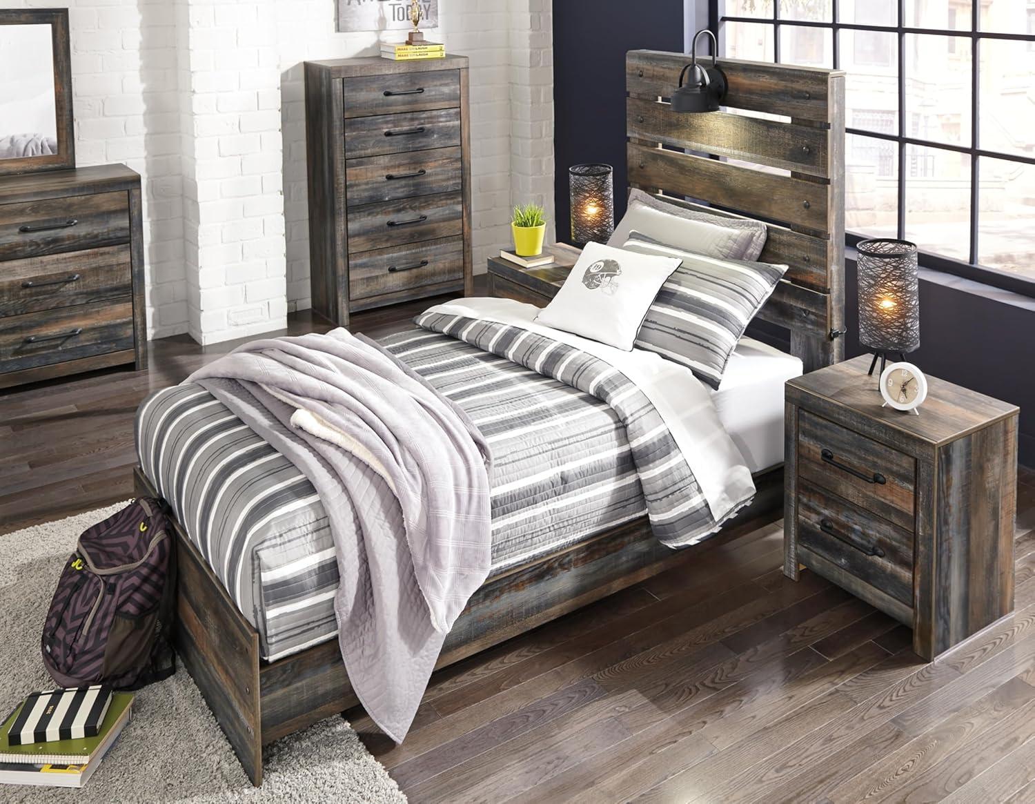 imageSignature Design by Ashley Drystan Rustic Queen Panel Platform Bed with 2 Storage Drawers Open Cubbies Sconce LED Lights and USB Ports Foundation or Box Spring Not Needed Dark Brown ampamp GrayTwin