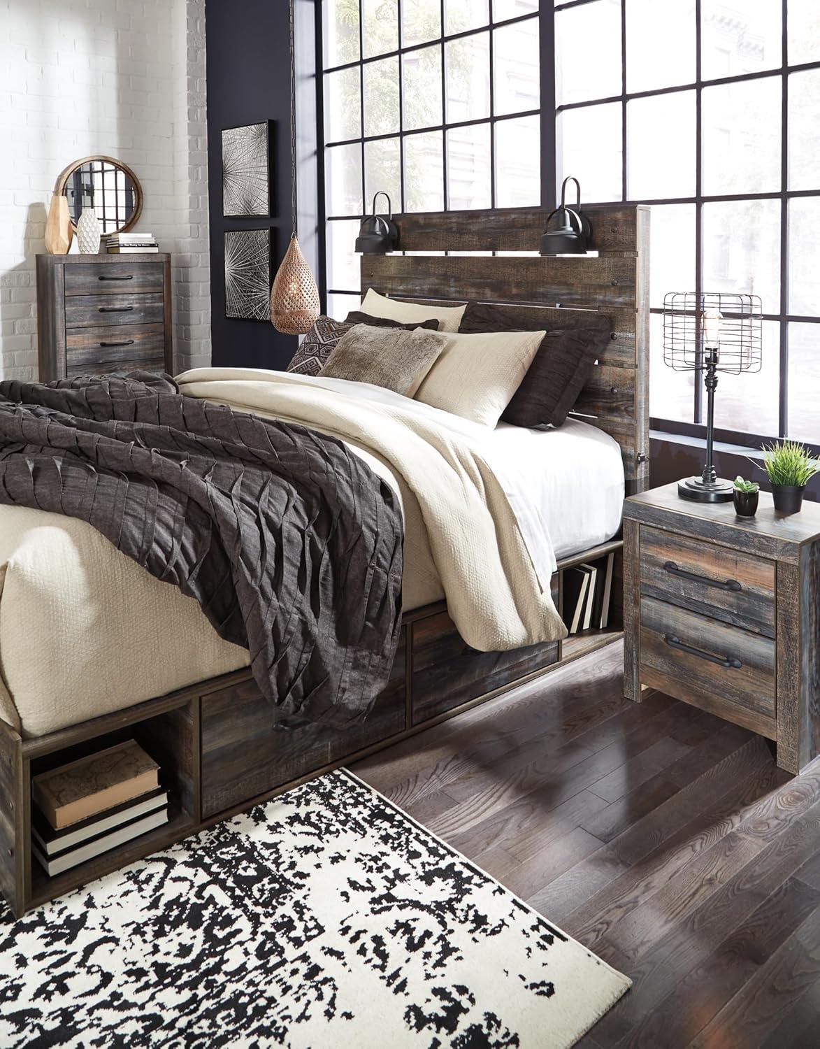 imageSignature Design by Ashley Drystan Rustic Queen Panel Platform Bed with 2 Storage Drawers Open Cubbies Sconce LED Lights and USB Ports Foundation or Box Spring Not Needed Dark Brown ampamp GrayQueen