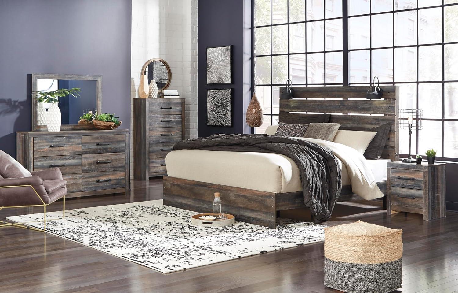 imageSignature Design by Ashley Drystan Rustic Queen Panel Platform Bed with 2 Storage Drawers Open Cubbies Sconce LED Lights and USB Ports Foundation or Box Spring Not Needed Dark Brown ampamp GrayKing