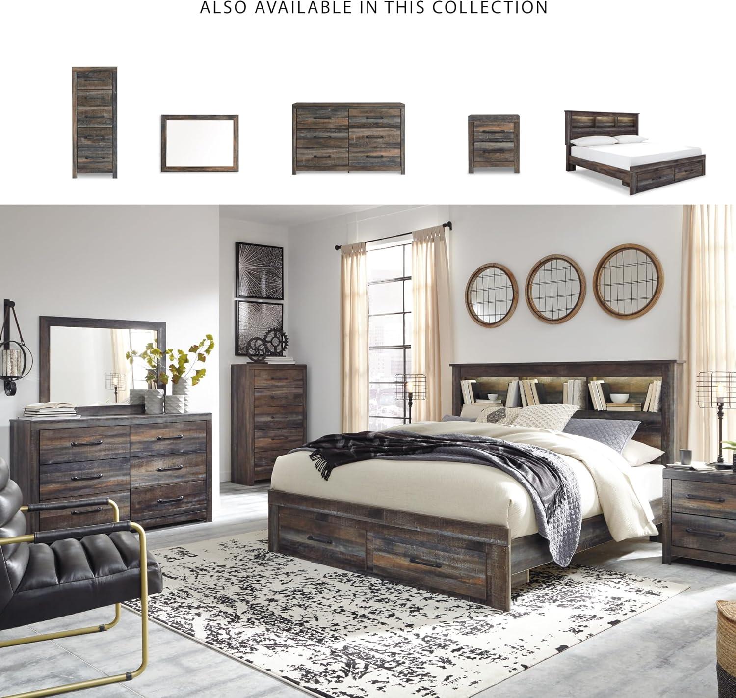 imageSignature Design by Ashley Drystan Rustic Queen Panel Platform Bed with 2 Storage Drawers Open Cubbies Sconce LED Lights and USB Ports Foundation or Box Spring Not Needed Dark Brown ampamp GrayKing