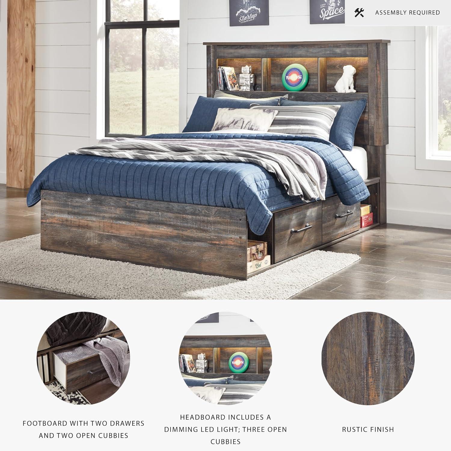 imageSignature Design by Ashley Drystan Rustic Queen Panel Platform Bed with 2 Storage Drawers Open Cubbies Sconce LED Lights and USB Ports Foundation or Box Spring Not Needed Dark Brown ampamp GrayFull