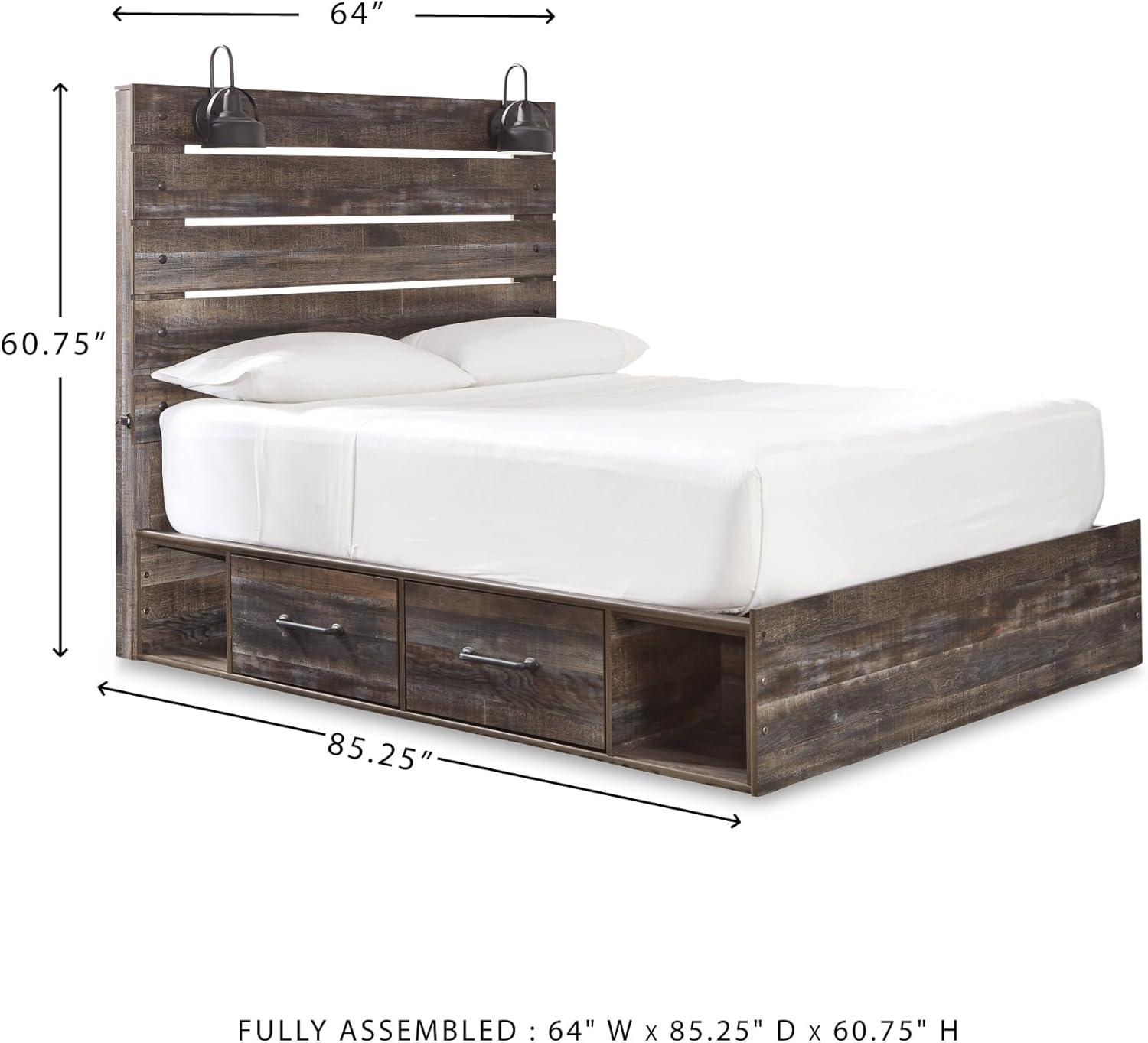imageSignature Design by Ashley Drystan Rustic Queen Panel Platform Bed with 2 Storage Drawers Open Cubbies Sconce LED Lights and USB Ports Foundation or Box Spring Not Needed Dark Brown ampamp GrayQueen