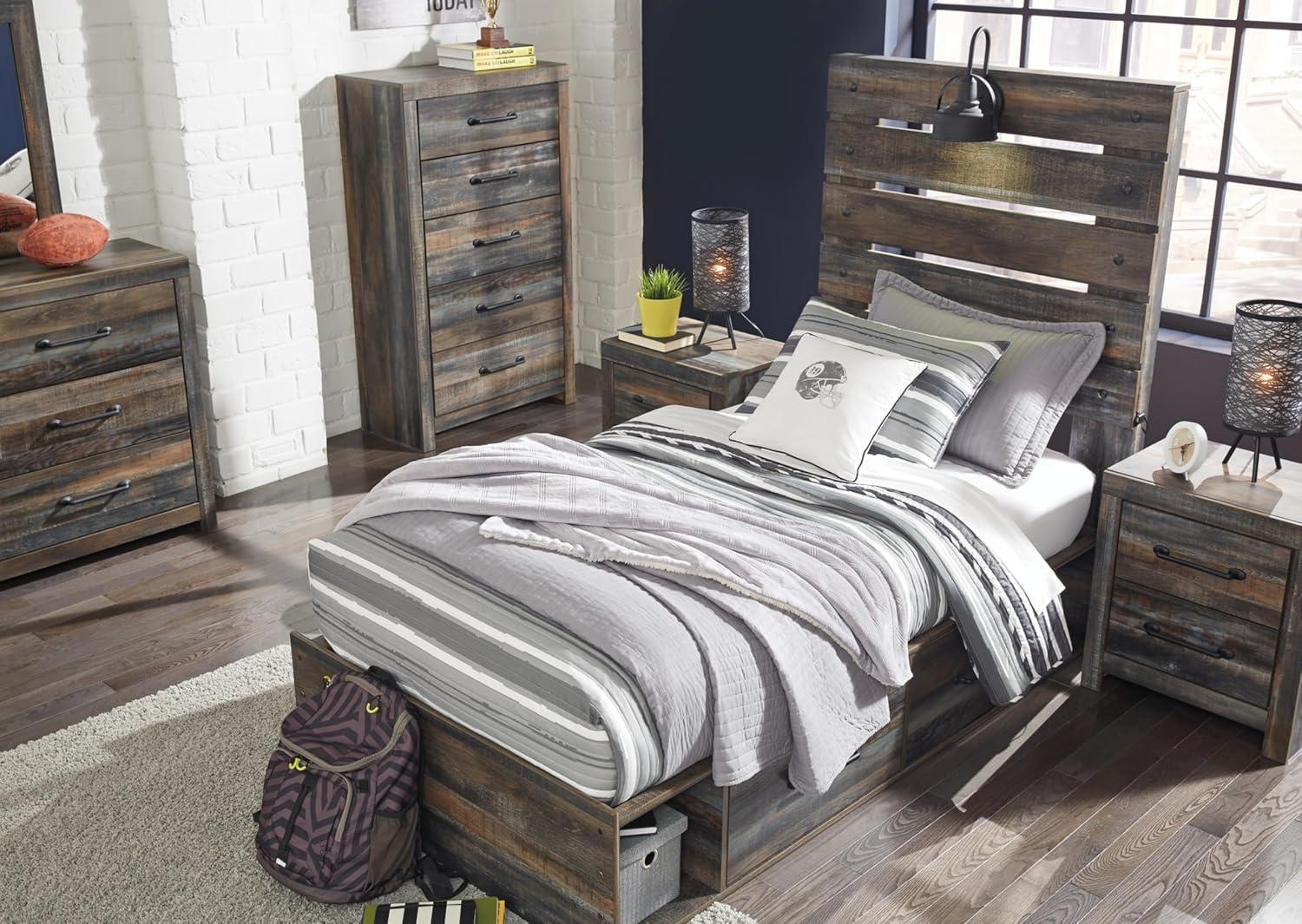 imageSignature Design by Ashley Drystan Rustic Queen Panel Platform Bed with 2 Storage Drawers Open Cubbies Sconce LED Lights and USB Ports Foundation or Box Spring Not Needed Dark Brown ampamp GrayTwin