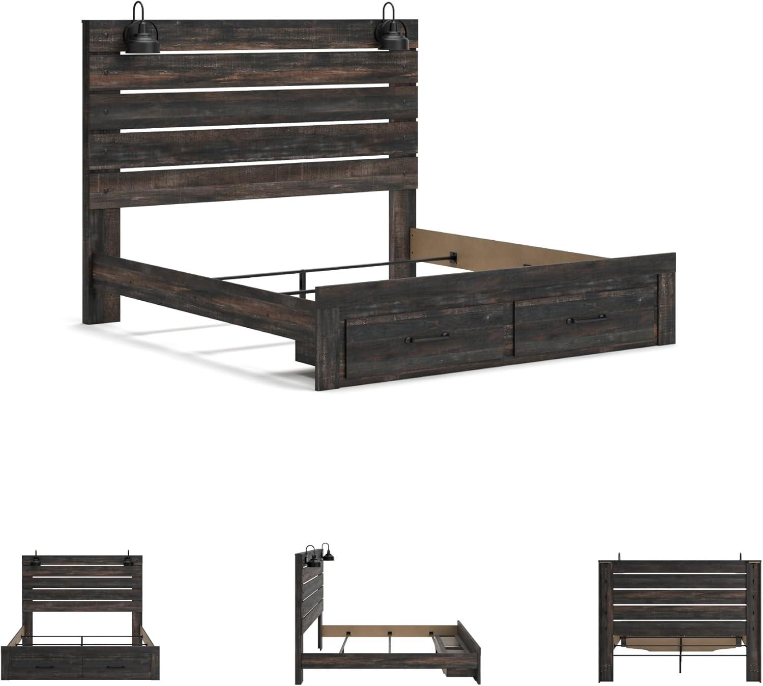 imageSignature Design by Ashley Drystan Rustic Queen Panel Platform Bed with 2 Storage Drawers Open Cubbies Sconce LED Lights and USB Ports Foundation or Box Spring Not Needed Dark Brown ampamp GrayKing