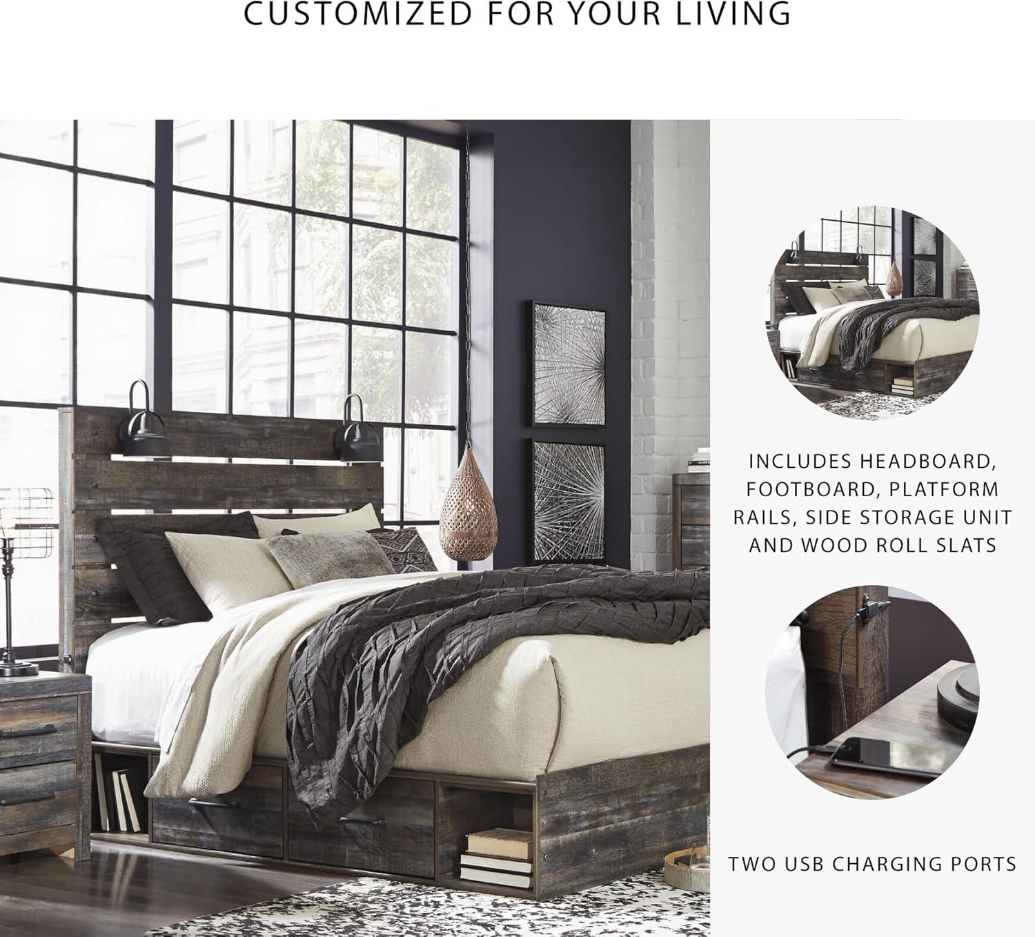 imageSignature Design by Ashley Drystan Rustic Queen Panel Platform Bed with 2 Storage Drawers Open Cubbies Sconce LED Lights and USB Ports Foundation or Box Spring Not Needed Dark Brown ampamp GrayQueen
