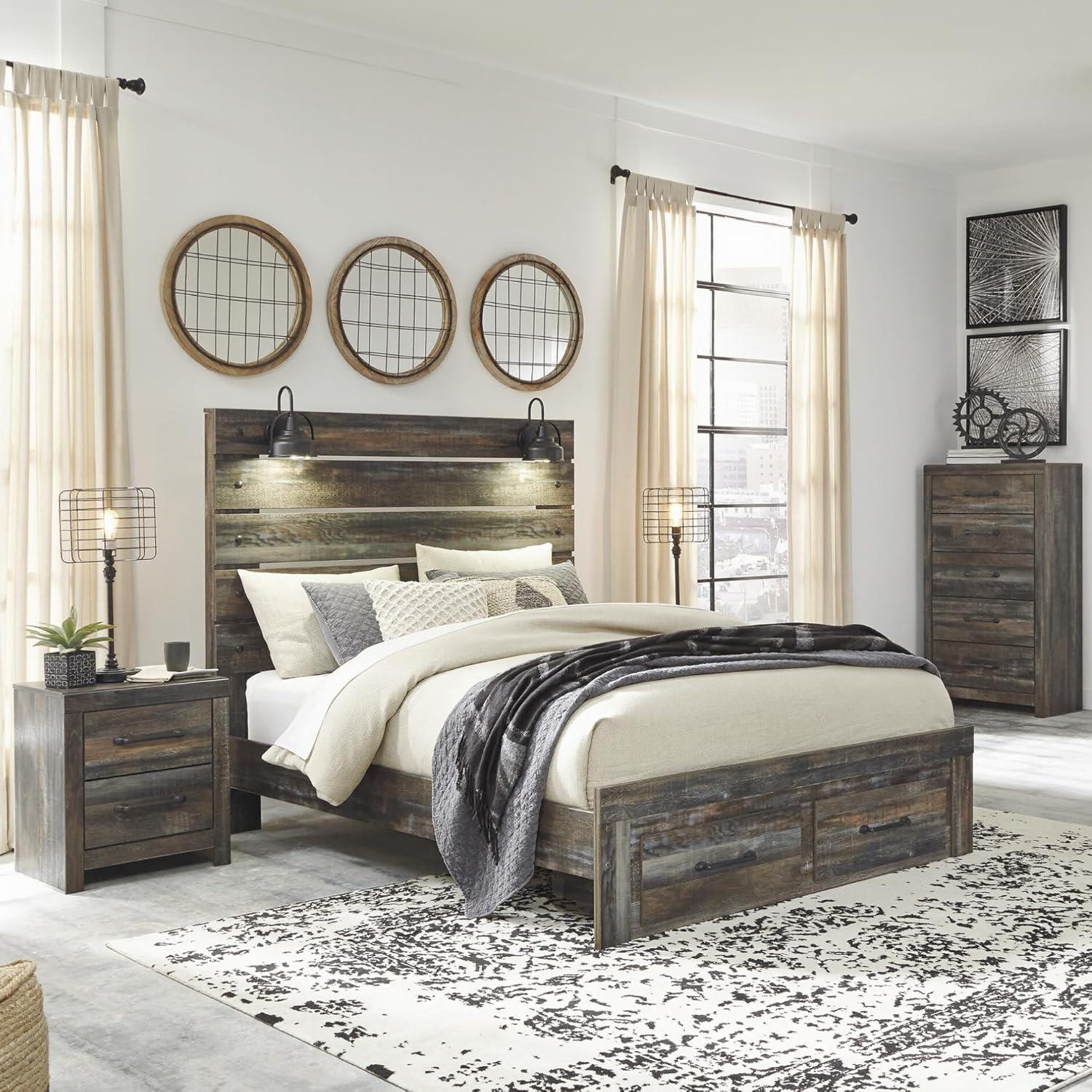 imageSignature Design by Ashley Drystan Rustic Queen Panel Platform Bed with 2 Storage Drawers Open Cubbies Sconce LED Lights and USB Ports Foundation or Box Spring Not Needed Dark Brown ampamp GrayQueen