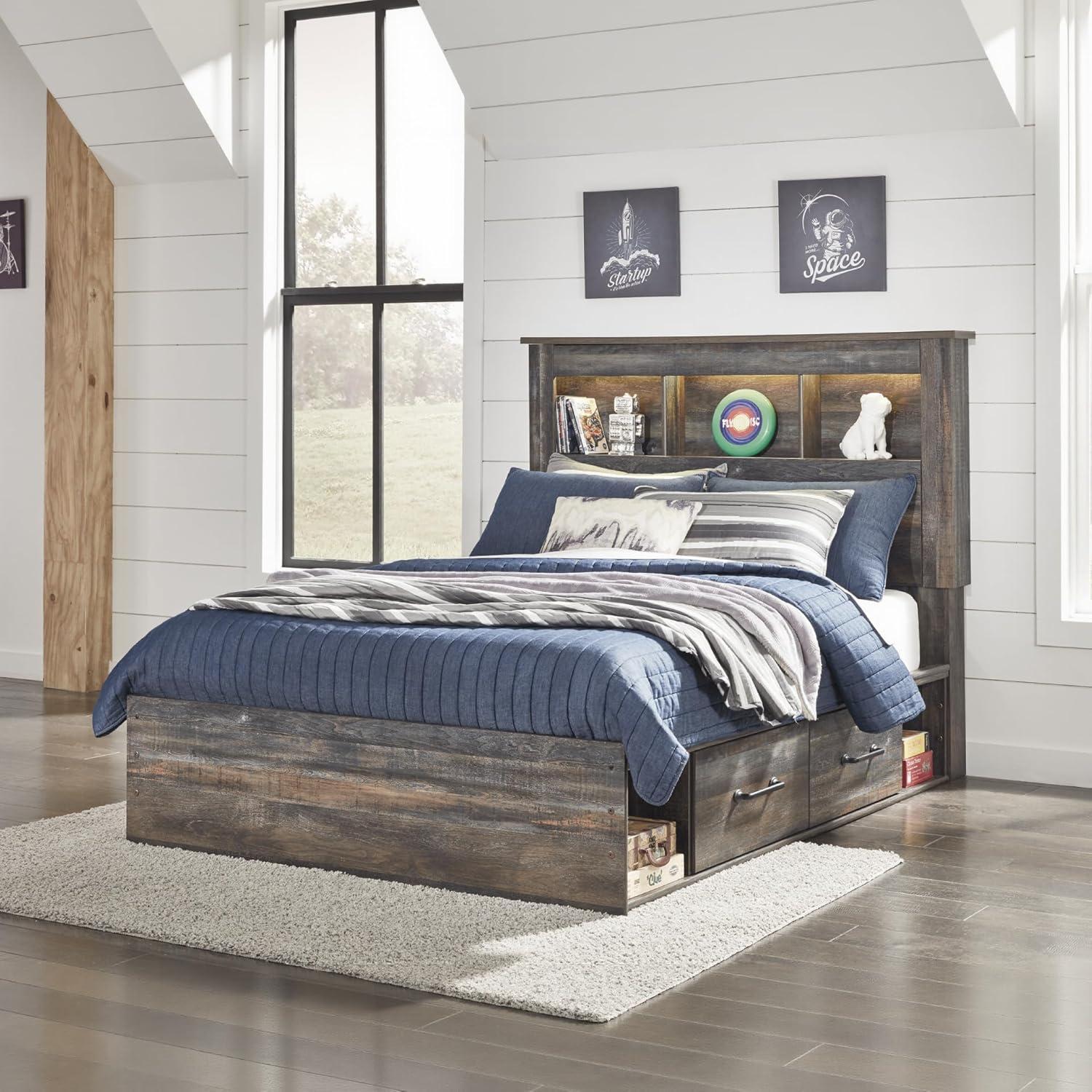 imageSignature Design by Ashley Drystan Rustic Queen Panel Platform Bed with 2 Storage Drawers Open Cubbies Sconce LED Lights and USB Ports Foundation or Box Spring Not Needed Dark Brown ampamp GrayFull