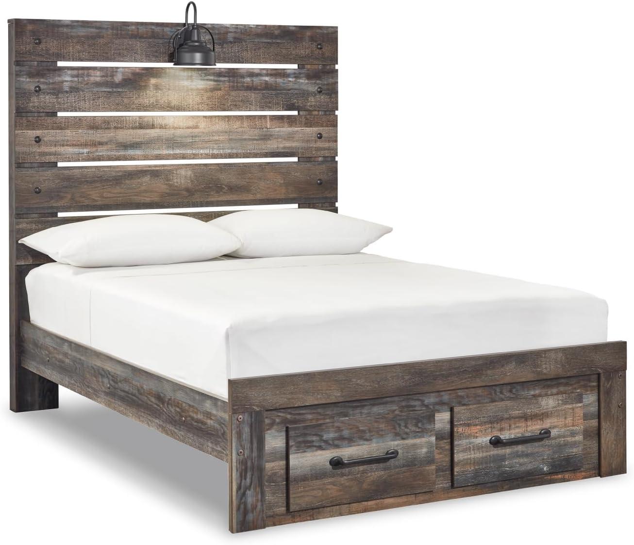 imageSignature Design by Ashley Drystan Rustic Queen Panel Platform Bed with 2 Storage Drawers Open Cubbies Sconce LED Lights and USB Ports Foundation or Box Spring Not Needed Dark Brown ampamp GrayFull