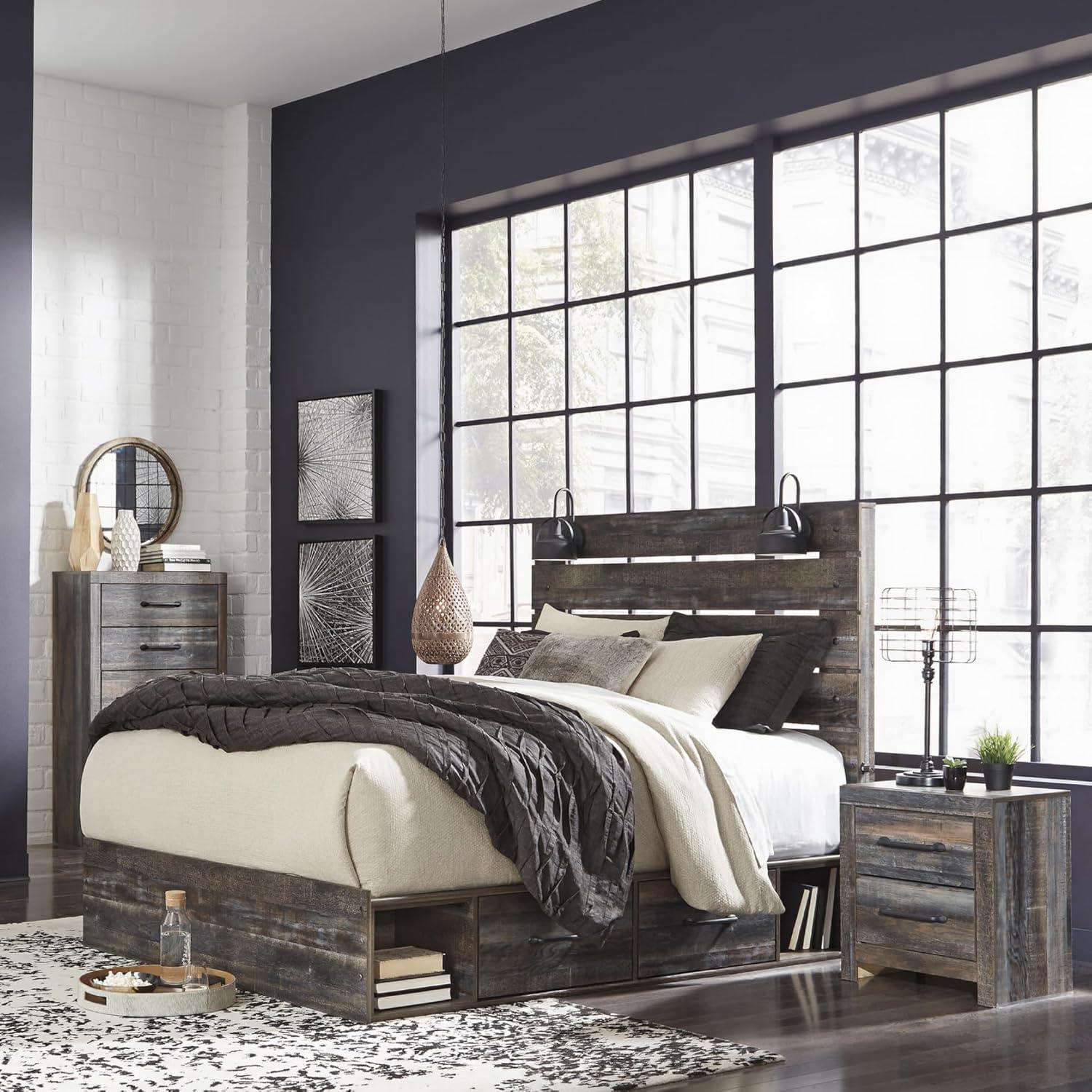 imageSignature Design by Ashley Drystan Rustic Queen Panel Platform Bed with 2 Storage Drawers Open Cubbies Sconce LED Lights and USB Ports Foundation or Box Spring Not Needed Dark Brown ampamp GrayQueen