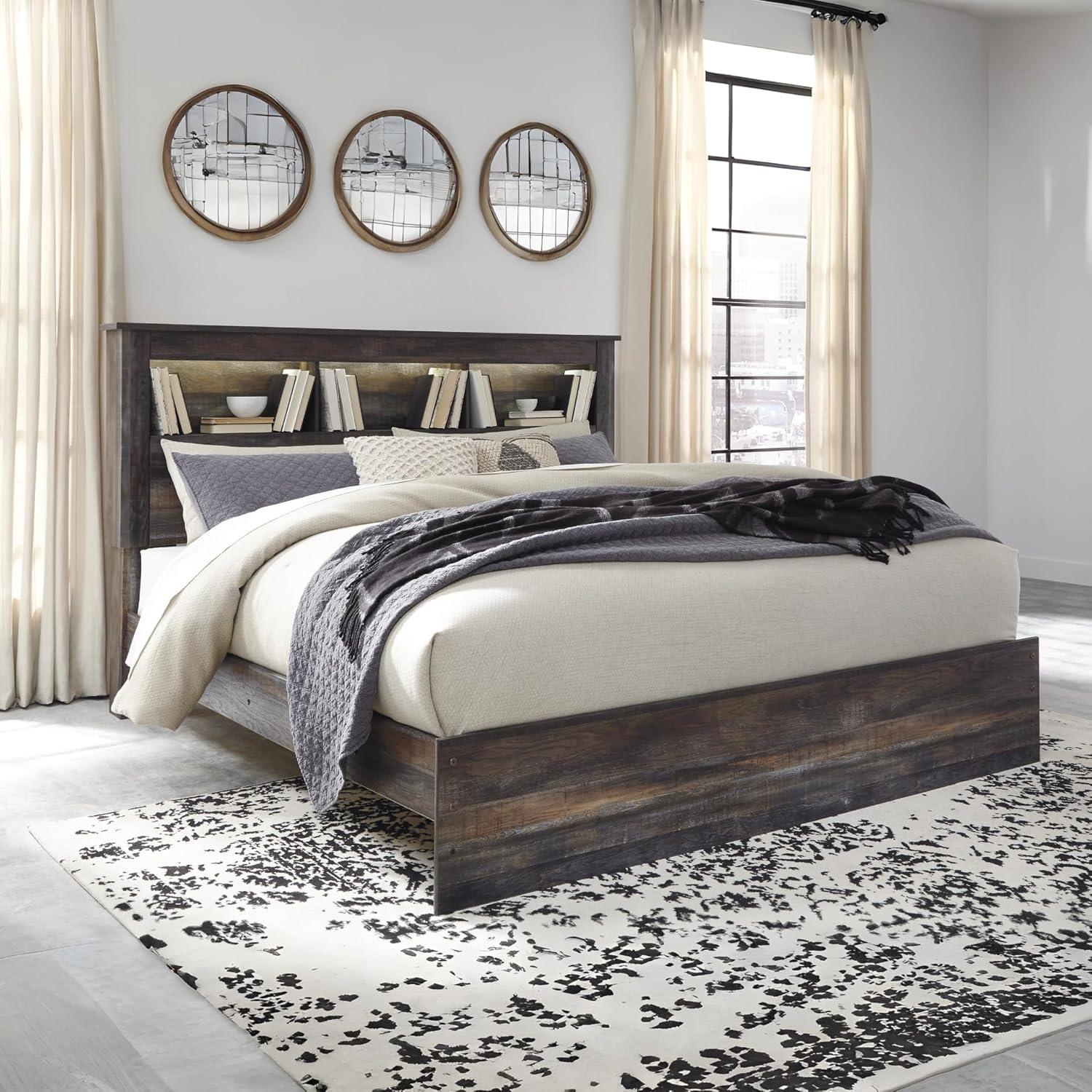 imageSignature Design by Ashley Drystan Rustic Queen Panel Platform Bed with 2 Storage Drawers Open Cubbies Sconce LED Lights and USB Ports Foundation or Box Spring Not Needed Dark Brown ampamp GrayKing