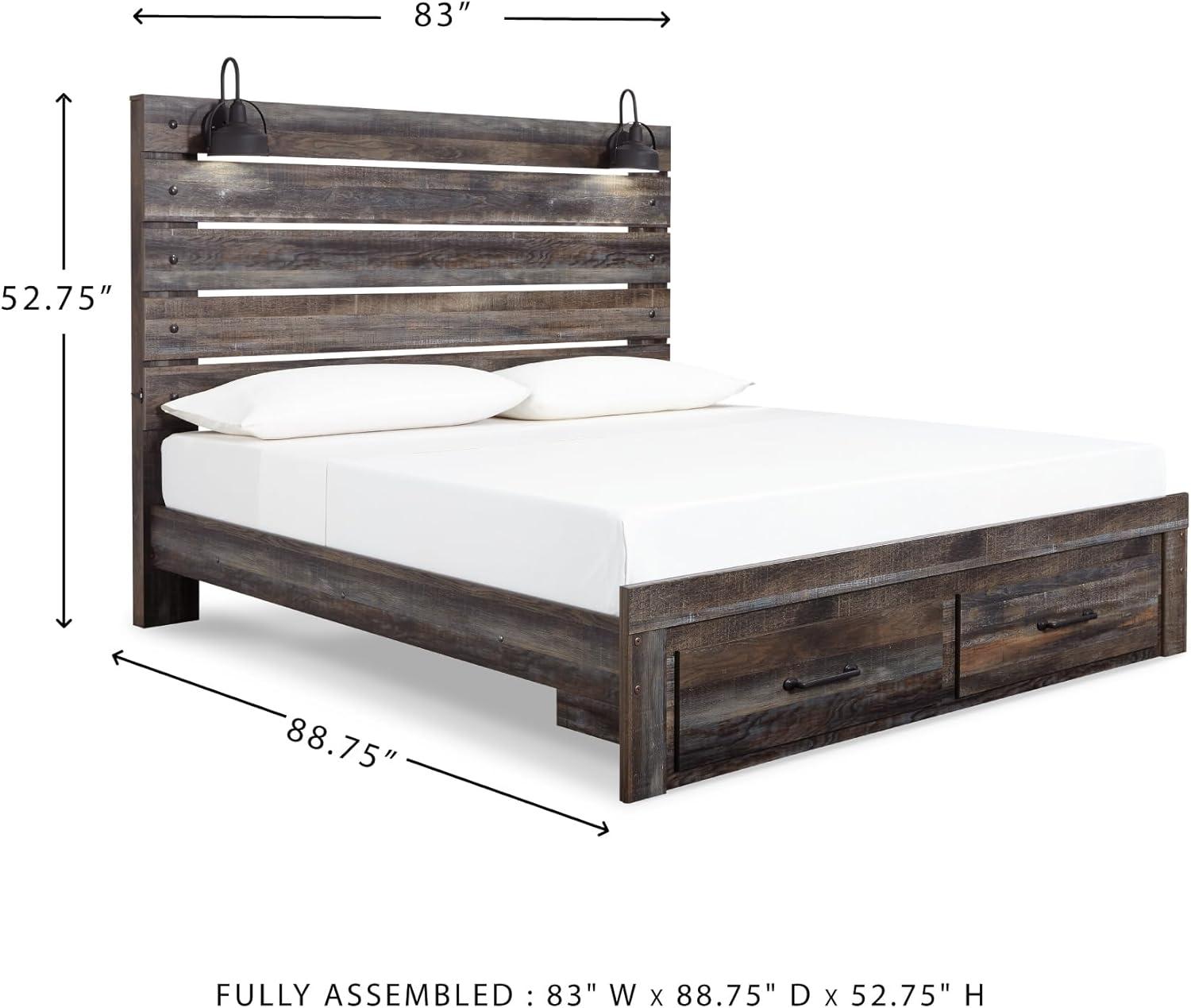 imageSignature Design by Ashley Drystan Rustic Queen Panel Platform Bed with 2 Storage Drawers Open Cubbies Sconce LED Lights and USB Ports Foundation or Box Spring Not Needed Dark Brown ampamp GrayKing