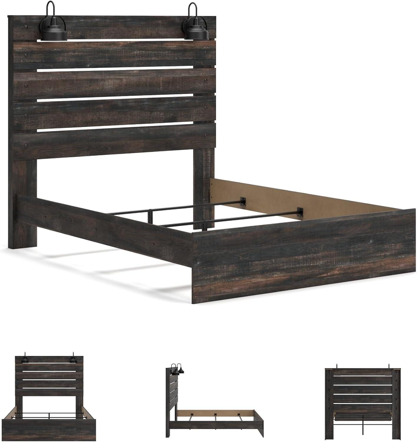 imageSignature Design by Ashley Drystan Rustic Queen Panel Platform Bed with 2 Storage Drawers Open Cubbies Sconce LED Lights and USB Ports Foundation or Box Spring Not Needed Dark Brown ampamp GrayQueen