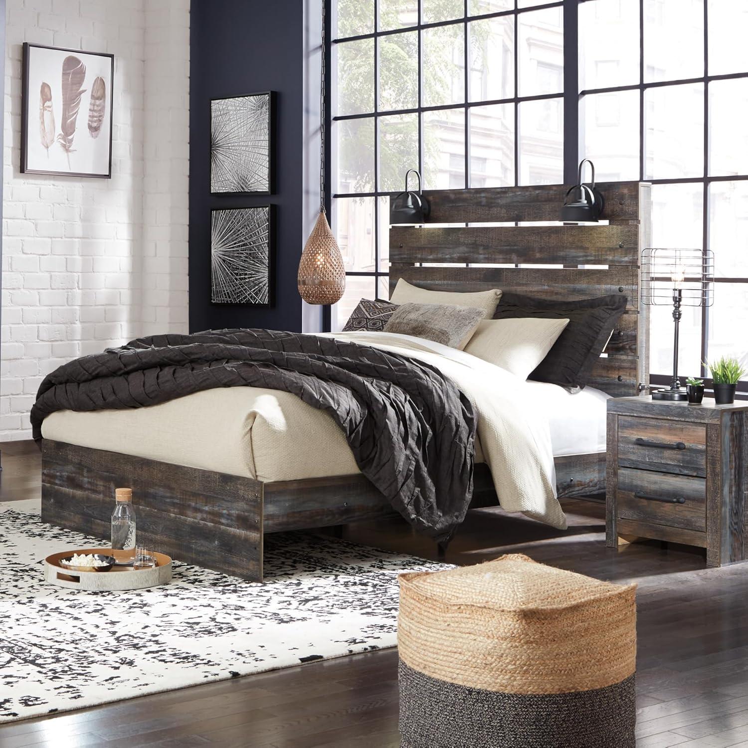 imageSignature Design by Ashley Drystan Rustic Queen Panel Platform Bed with 2 Storage Drawers Open Cubbies Sconce LED Lights and USB Ports Foundation or Box Spring Not Needed Dark Brown ampamp GrayQueen