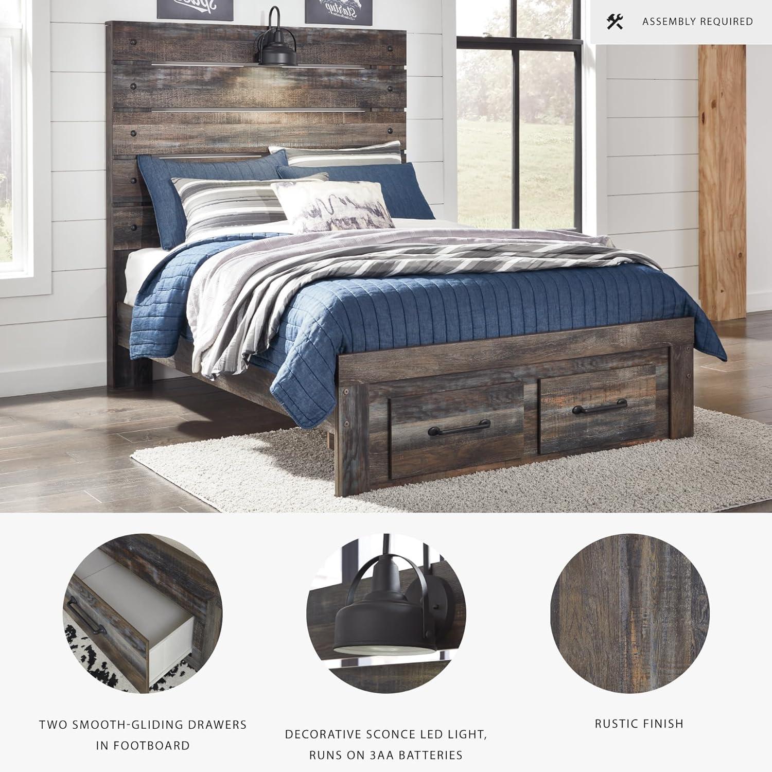 imageSignature Design by Ashley Drystan Rustic Queen Panel Platform Bed with 2 Storage Drawers Open Cubbies Sconce LED Lights and USB Ports Foundation or Box Spring Not Needed Dark Brown ampamp GrayFull