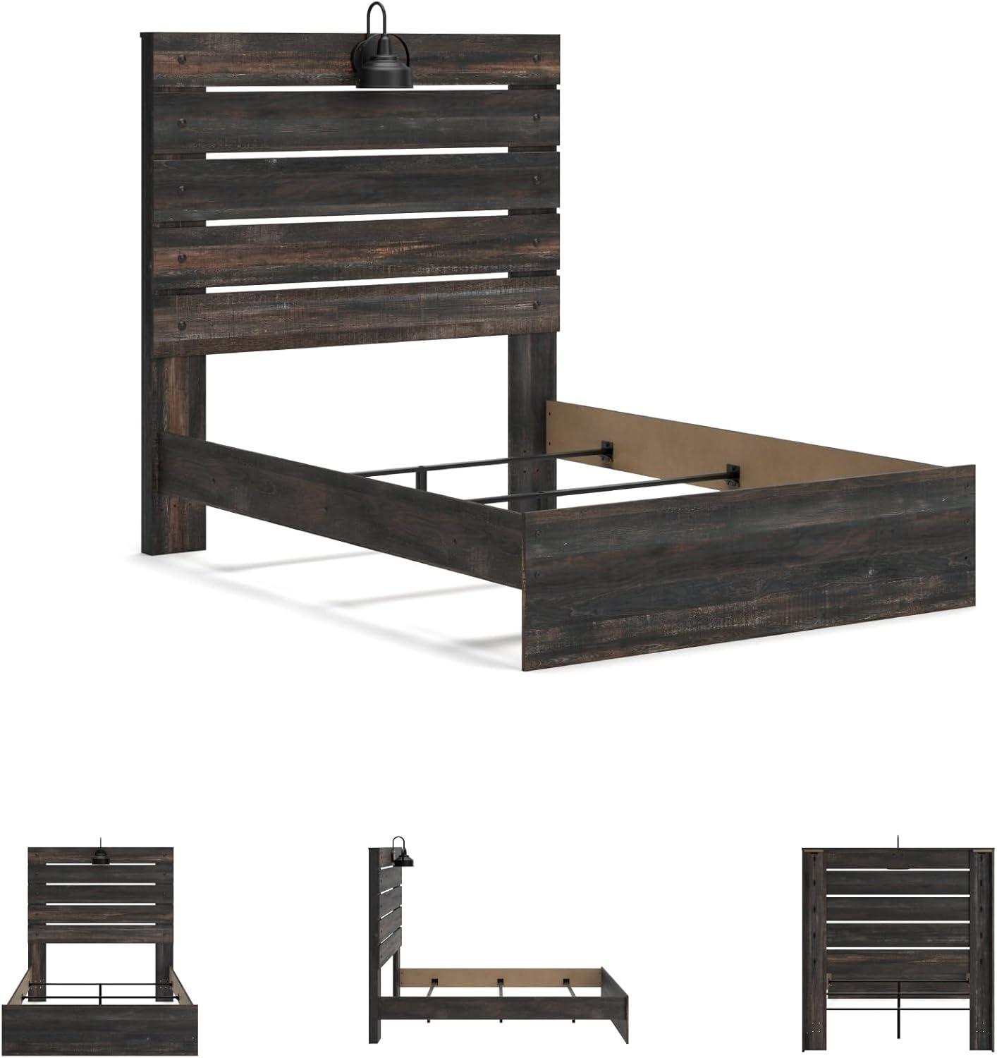 imageSignature Design by Ashley Drystan Rustic Queen Panel Platform Bed with 2 Storage Drawers Open Cubbies Sconce LED Lights and USB Ports Foundation or Box Spring Not Needed Dark Brown ampamp GrayFull