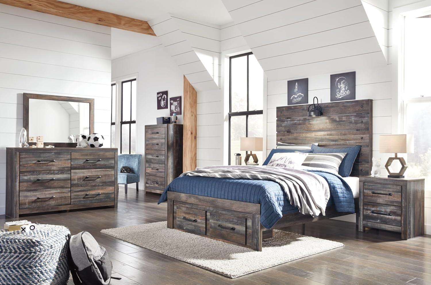 imageSignature Design by Ashley Drystan Rustic Queen Panel Platform Bed with 2 Storage Drawers Open Cubbies Sconce LED Lights and USB Ports Foundation or Box Spring Not Needed Dark Brown ampamp GrayFull