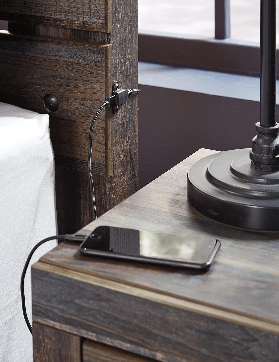 imageSignature Design by Ashley Drystan Rustic Queen Panel Platform Bed with 2 Storage Drawers Open Cubbies Sconce LED Lights and USB Ports Foundation or Box Spring Not Needed Dark Brown ampamp GrayFull