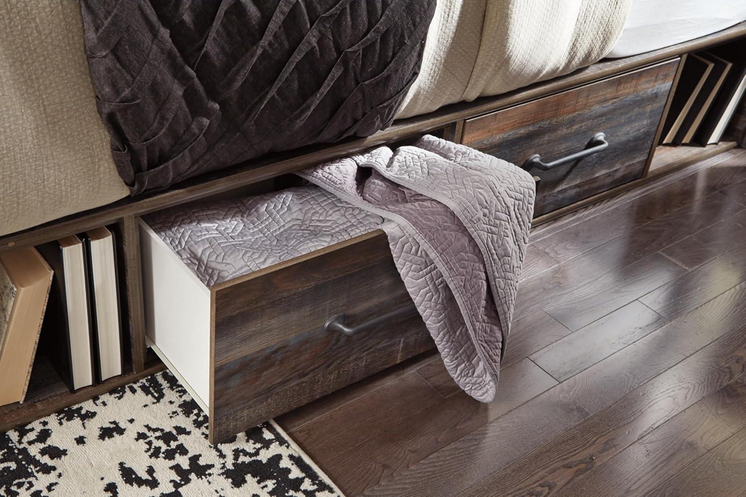 imageSignature Design by Ashley Drystan Rustic Queen Panel Platform Bed with 2 Storage Drawers Open Cubbies Sconce LED Lights and USB Ports Foundation or Box Spring Not Needed Dark Brown ampamp GrayTwin