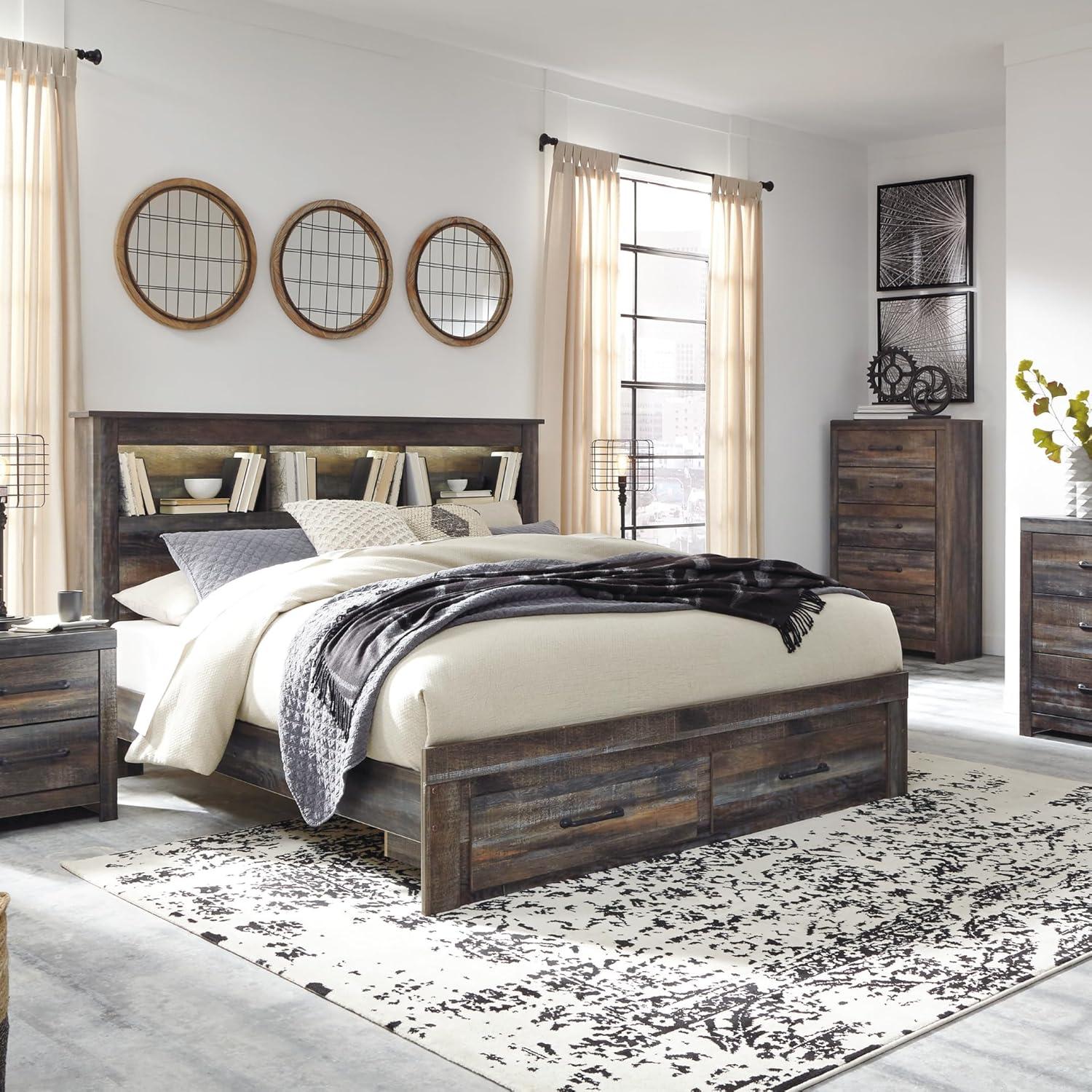 imageSignature Design by Ashley Drystan Rustic Queen Panel Platform Bed with 2 Storage Drawers Open Cubbies Sconce LED Lights and USB Ports Foundation or Box Spring Not Needed Dark Brown ampamp GrayKing