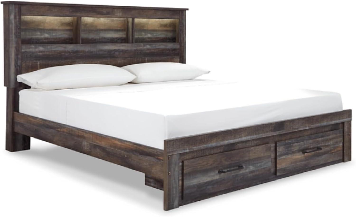 imageSignature Design by Ashley Drystan Rustic Queen Panel Platform Bed with 2 Storage Drawers Open Cubbies Sconce LED Lights and USB Ports Foundation or Box Spring Not Needed Dark Brown ampamp GrayKing