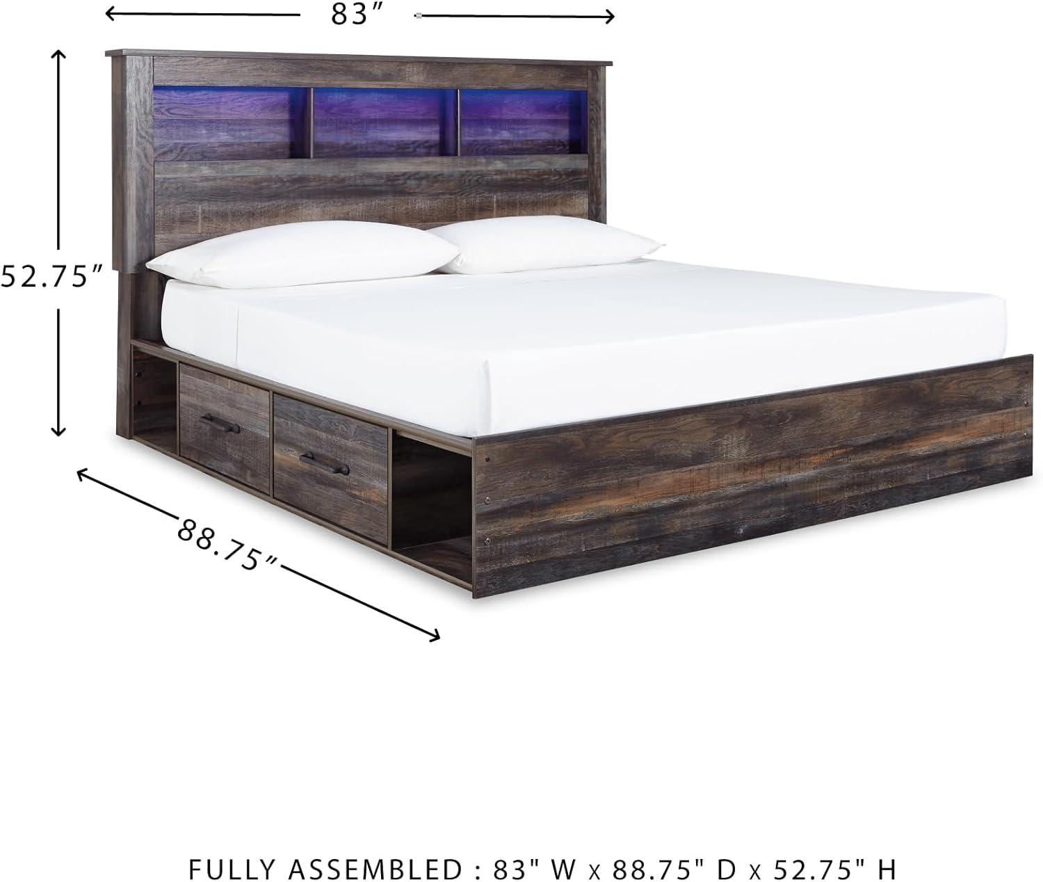 imageSignature Design by Ashley Drystan Rustic Queen Panel Platform Bed with 2 Storage Drawers Open Cubbies Sconce LED Lights and USB Ports Foundation or Box Spring Not Needed Dark Brown ampamp GrayKing