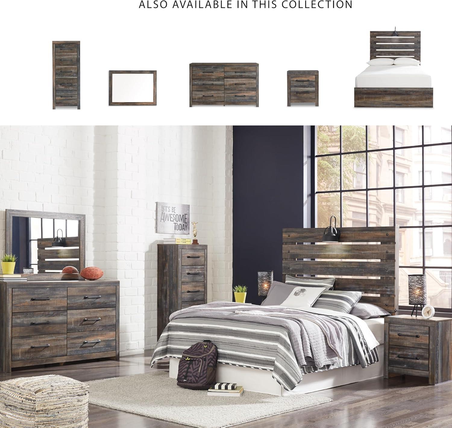 imageSignature Design by Ashley Drystan Rustic Queen Panel Platform Bed with 2 Storage Drawers Open Cubbies Sconce LED Lights and USB Ports Foundation or Box Spring Not Needed Dark Brown ampamp GrayFull