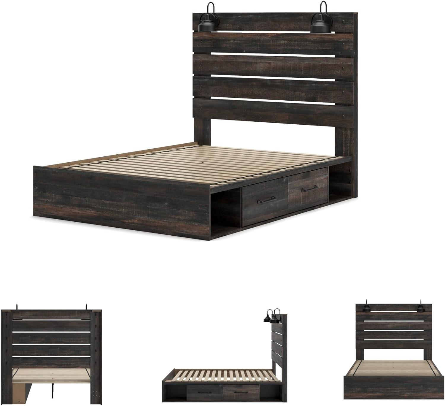 imageSignature Design by Ashley Drystan Rustic Queen Panel Platform Bed with 2 Storage Drawers Open Cubbies Sconce LED Lights and USB Ports Foundation or Box Spring Not Needed Dark Brown ampamp GrayQueen