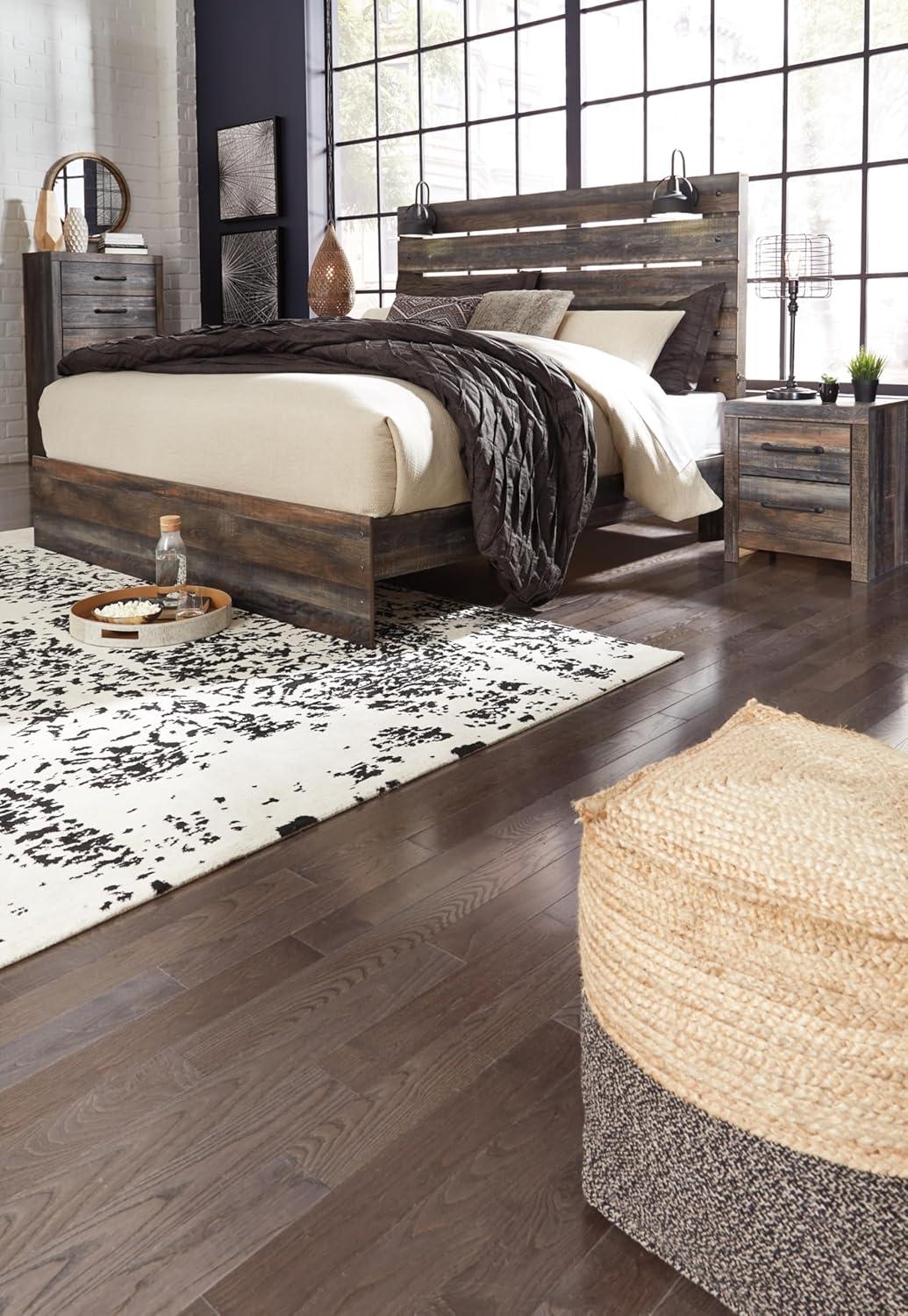 imageSignature Design by Ashley Drystan Rustic Queen Panel Platform Bed with 2 Storage Drawers Open Cubbies Sconce LED Lights and USB Ports Foundation or Box Spring Not Needed Dark Brown ampamp GrayKing