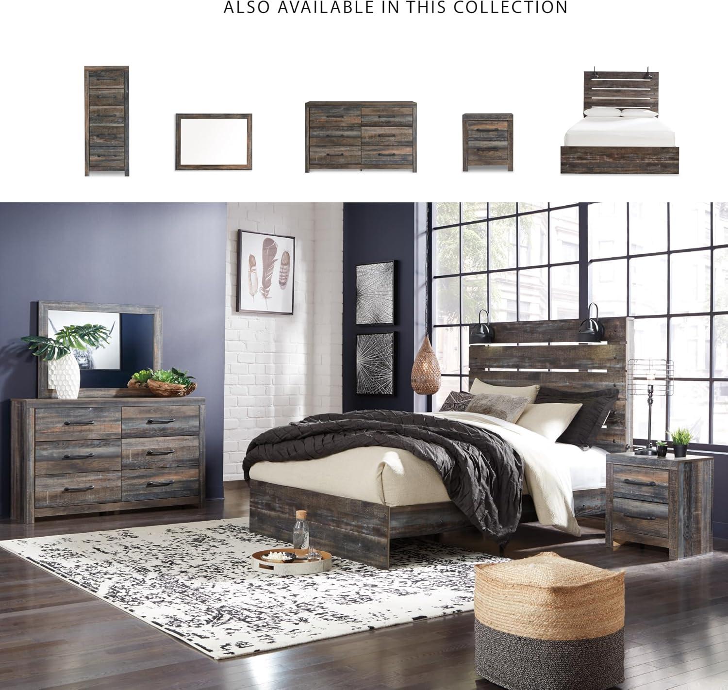 imageSignature Design by Ashley Drystan Rustic Queen Panel Platform Bed with 2 Storage Drawers Open Cubbies Sconce LED Lights and USB Ports Foundation or Box Spring Not Needed Dark Brown ampamp GrayQueen