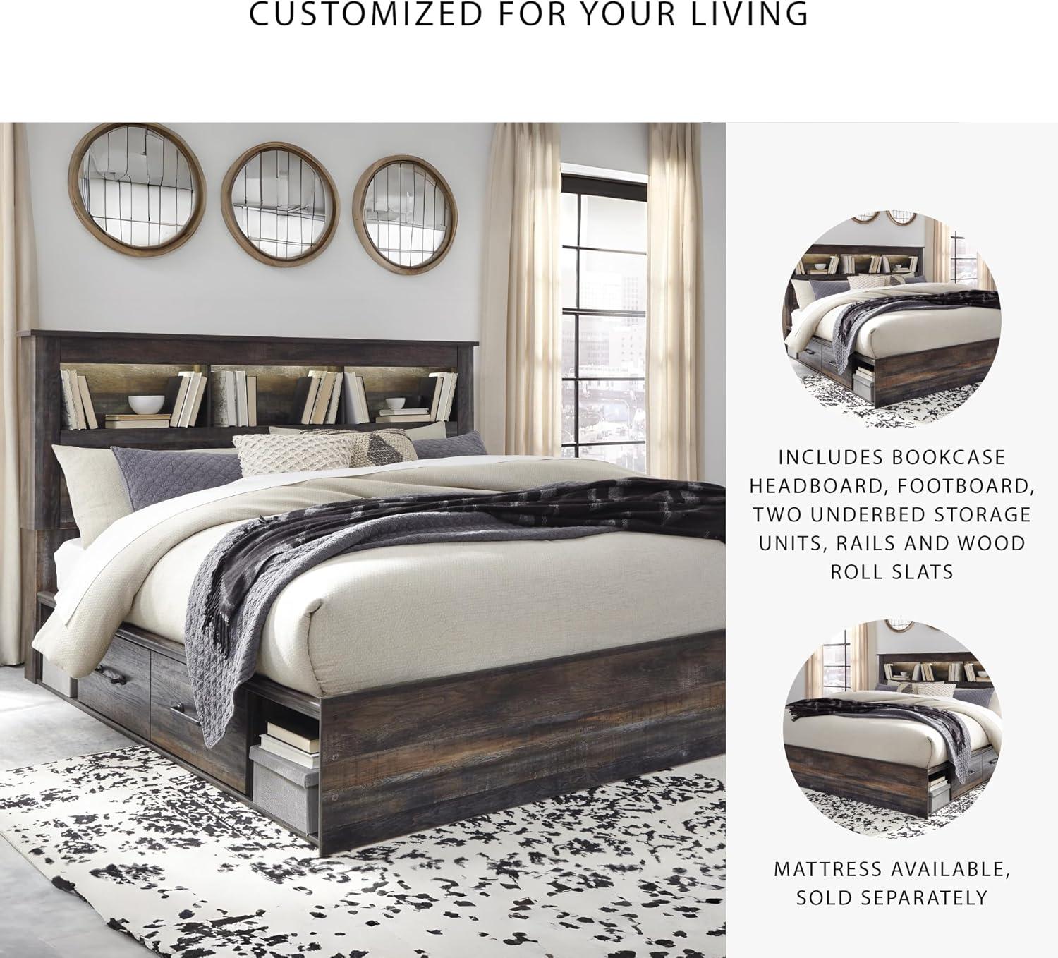 imageSignature Design by Ashley Drystan Rustic Queen Panel Platform Bed with 2 Storage Drawers Open Cubbies Sconce LED Lights and USB Ports Foundation or Box Spring Not Needed Dark Brown ampamp GrayKing